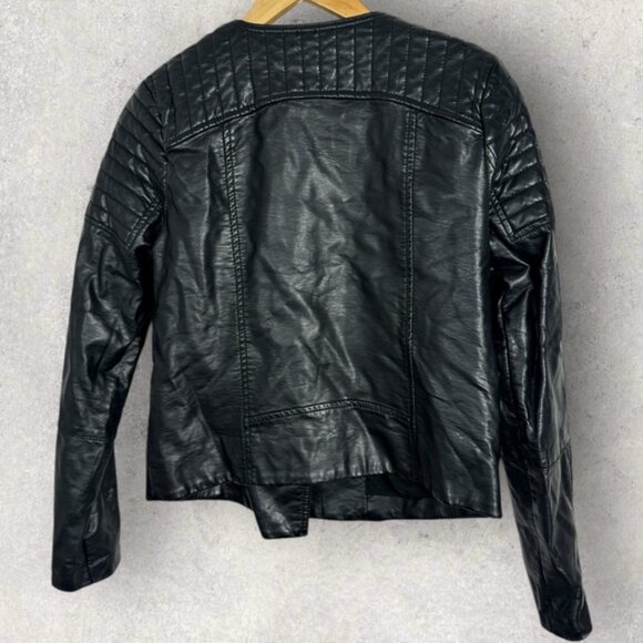 Free People Quilted Vegan Collarless Leather Jacket Black Size 4 Moto Biker Coat - Picture 5 of 15